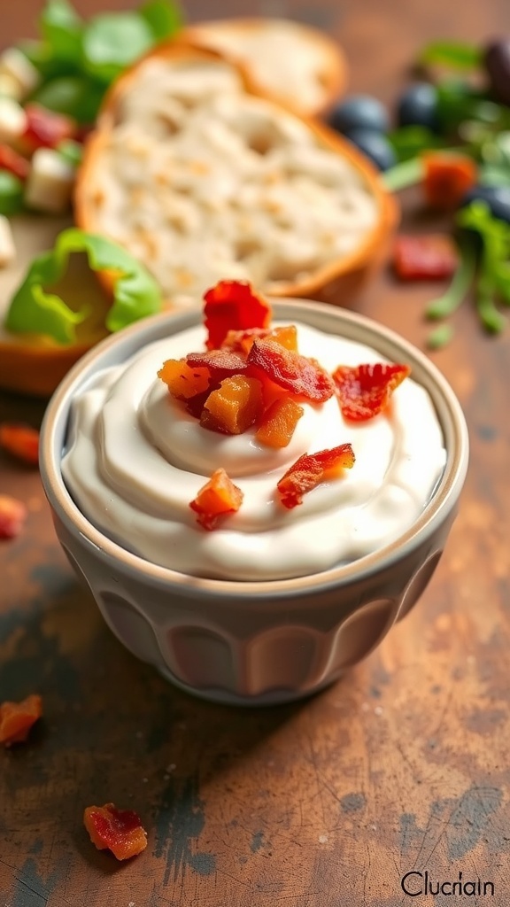 A bowl of bacon mayonnaise garnished with bacon bits, with bread and salad in the background.
